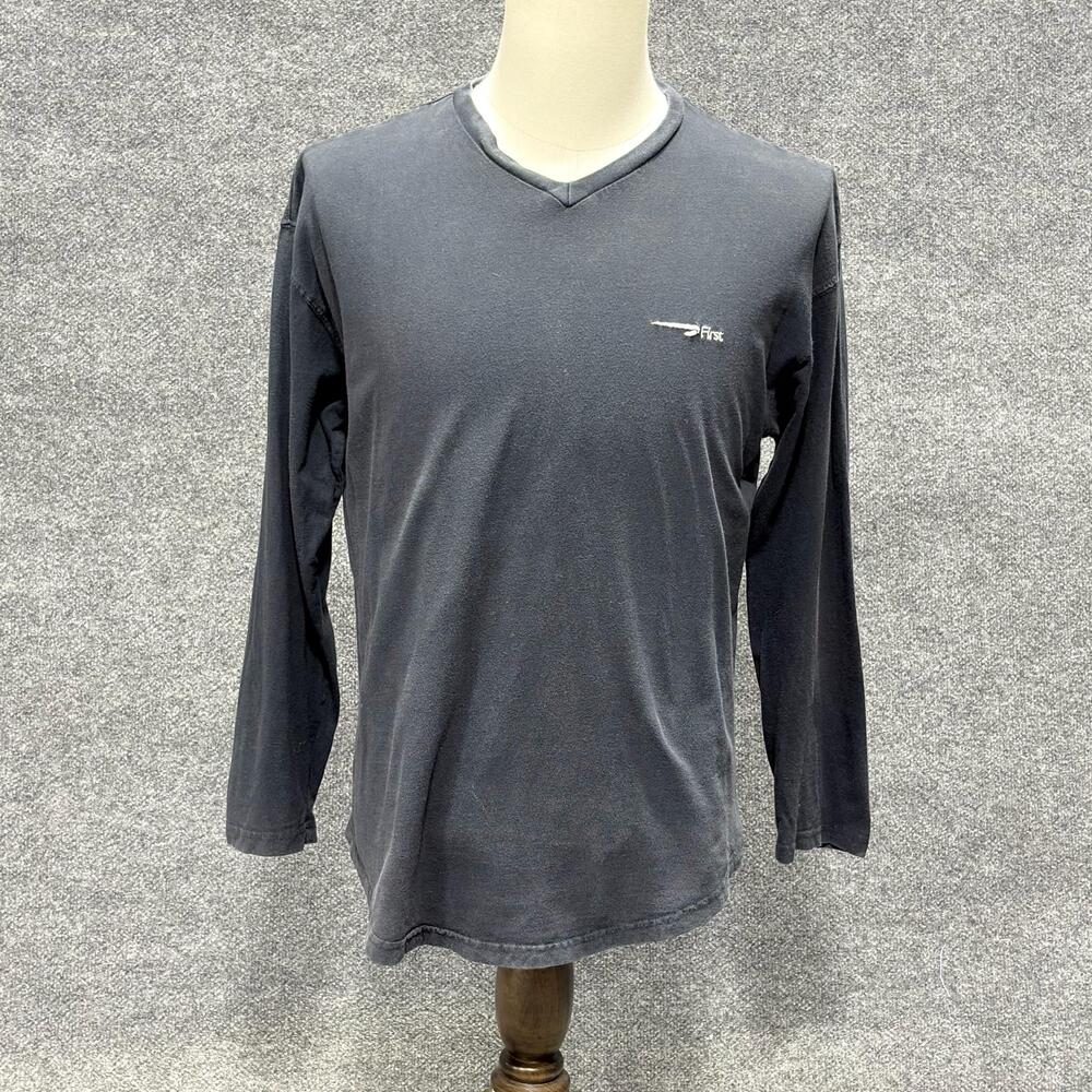 First Shirt Mens Medium Blue Long Sleeve V Neck Cotton Logo Tee Jersey Casual